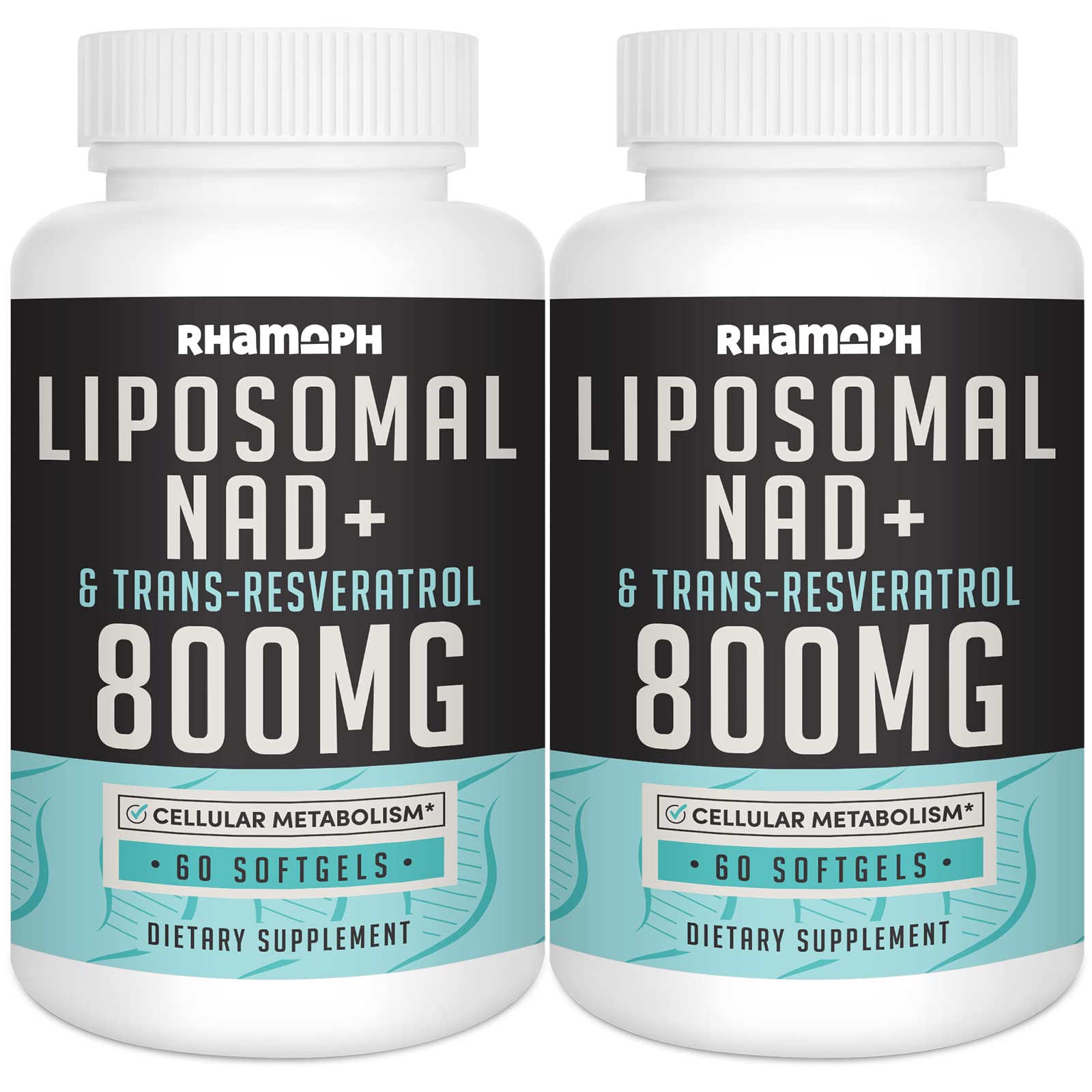 Two bottles of Rhamph Liposomal NAD+ & Trans-Resveratrol 800MG dietary supplements on a white background.