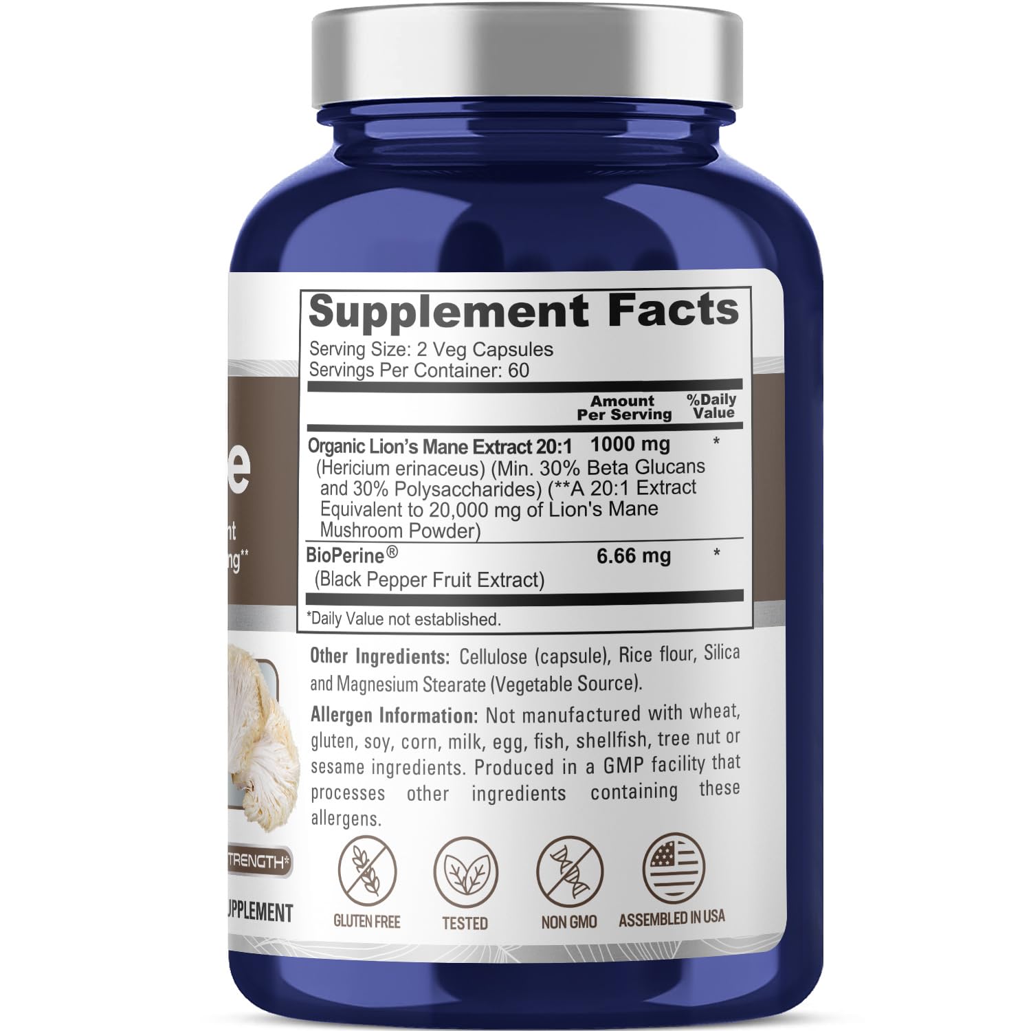 NusaPure Lions Mane 20:1 Extract (20,000 mg Equivalent) - Made with Organic Lion`s Mane, Bioperine - 30% Polysaccharides - 120 Veggie Caps. Non-GMO, Gluten Free NusaPureBuy Supplements Australia