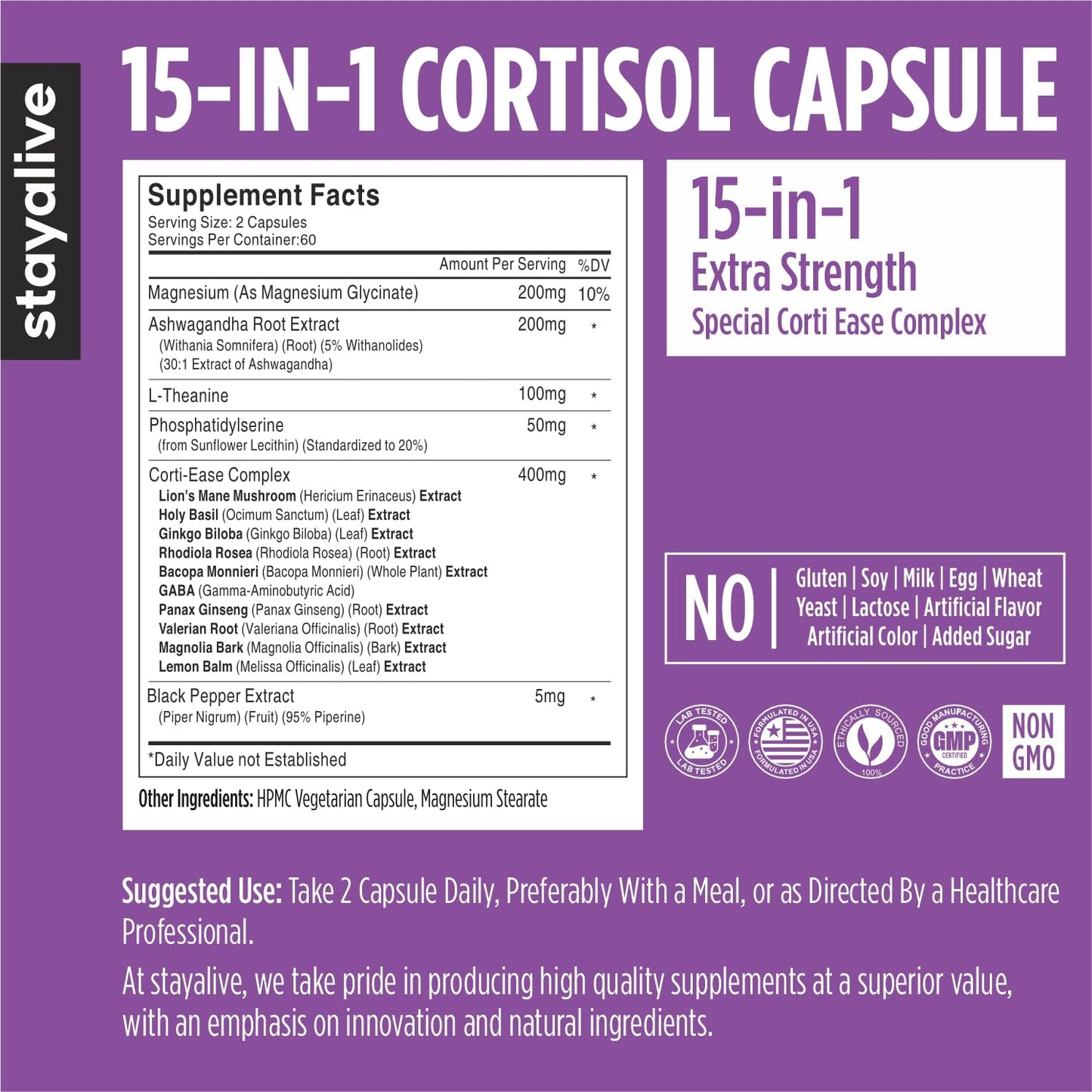 STAY ALIVE Cortisol Manager Supplement 15-in-1 Complex w/L-Theanine, Ashwagandha, Magnesium Glycinate, Phosphatidylserine and More, 120 Veg Capsules, Non-GMO & Gluten-Free Formula for Women and Men STAY ALIVEBuy Supplements Australia