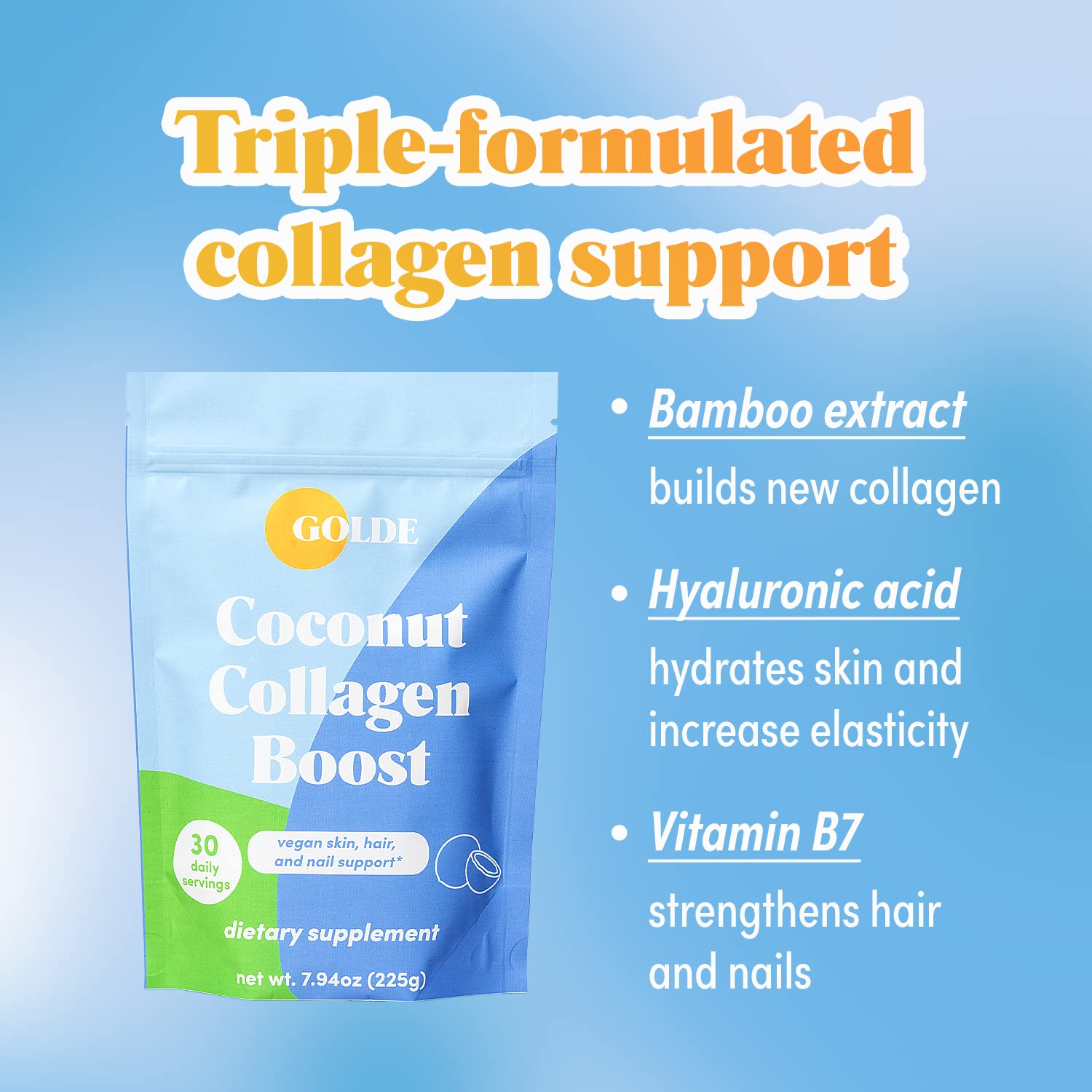 GOLDE - Collagen Boost Vegan Creamer - Vanilla Cream - Plant Based Collagen Supplement w/Hyaluronic Acid, Biotin, & Bamboo Extract - Zero Sugar - Supports Hair, Skin, & Nail Health - 15 Servings GOLDEBuy Supplements Australia