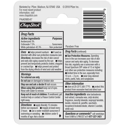 ChapStick Moisturizer Original Lip Balm Tubes, SPF 15 and Skin Protectant - 0.15 Oz (Pack of 3)
