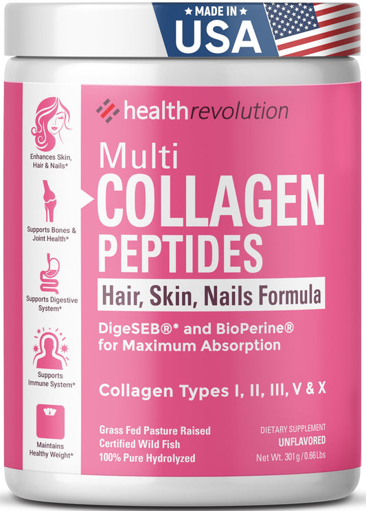 Multi Collagen Peptides Powder Supplement Types I, II, III, V, X - 5 Hydrolyzed Collagen 