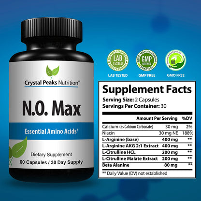CRYSTAL PEAKS NUTRITION N.O. Max Nitric Oxide Supplement - L Arginine, Citrulline Malate, AAKG, Beta Alanine pre-Workout Performance Amino acids - 60 Capsules