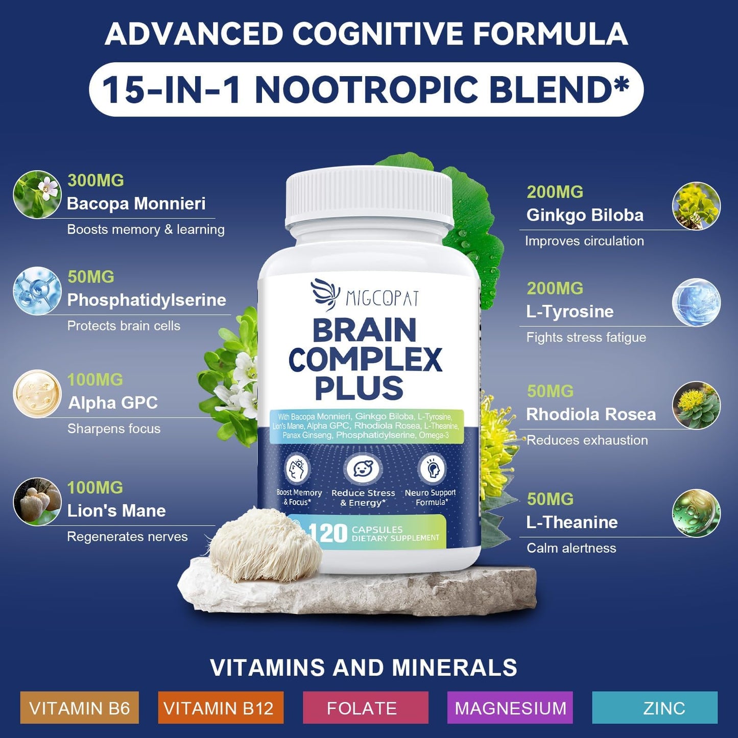 Brain Supplements for Memory and Focus | Nootropic with Bacopa Monnieri, Lion's Mane, Alpha GPC, Ginkgo Biloba | Mental Clarity & Cognitive Support | Vitamin B6 & B12 Neuro Health - Non-GMO, 120 Caps MigcopatBuy Supplements Australia