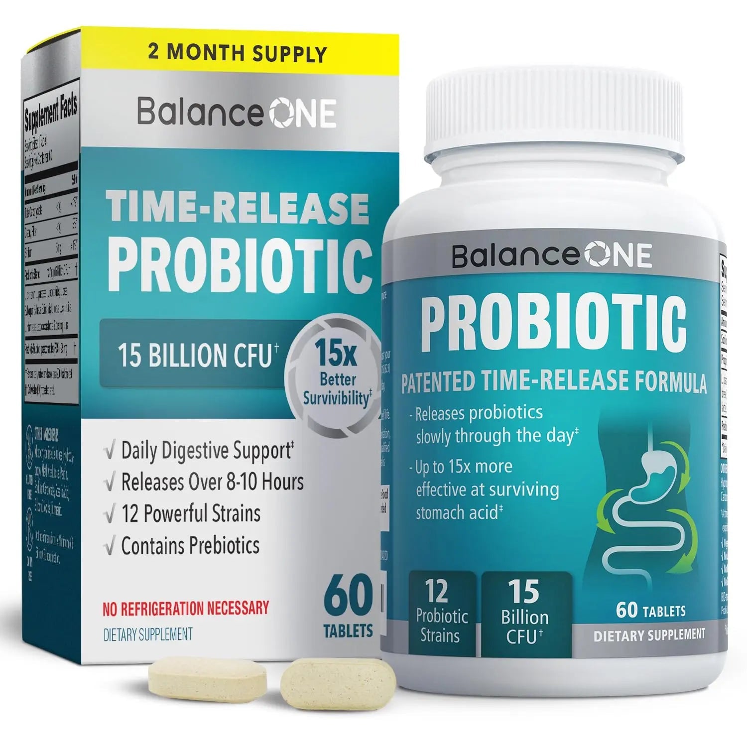 Balance ONE Time Release Probiotic – 15 Billion CFU – 12 Strains Including L. Plantarum – 15x More Survival Than Capsules – Bloating & Gas Relief – Gut & Digestive Health for Women & Men – 60 Tablets Balance ONEBuy Supplements Australia