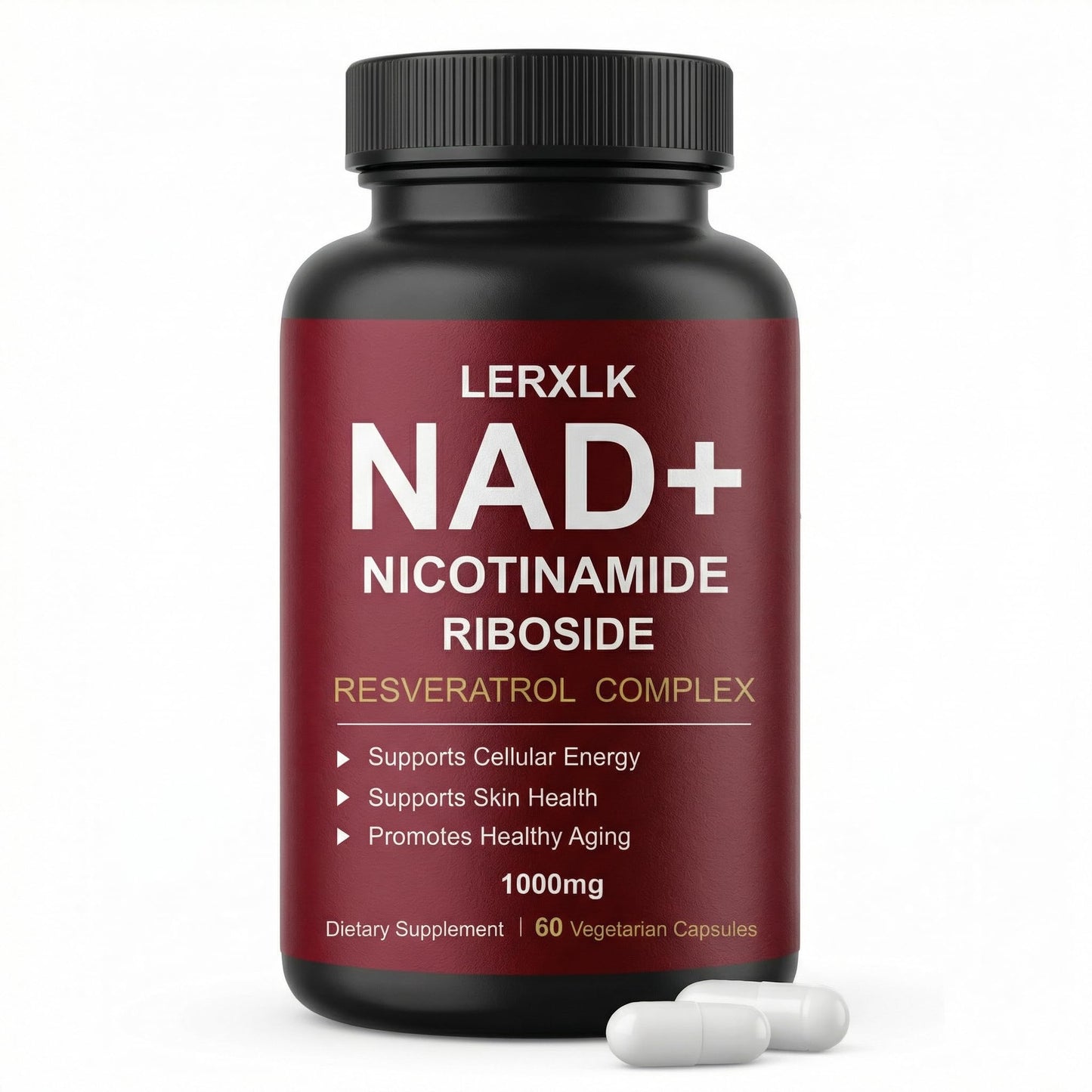 Supplement bottle labeled 'LERXLK NAD+ Nicotinamide Riboside' on a white background