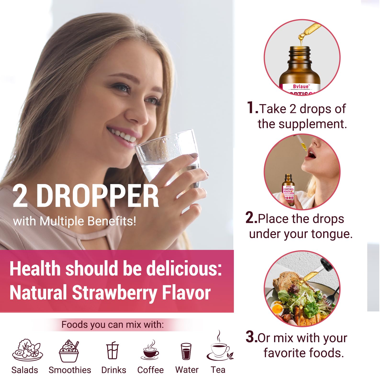 Bvlaue Cortisol Supplements Detox for Women - 20-in-1 Cortisol Reducer,Manager,Lower w/Ashwagandha,Magnesium,L-Theanine,Saffron,Rhodiola for Hormone Balance/Sleep/Stress Relief,Strawberry Flavor BvlaueBuy Supplements Australia