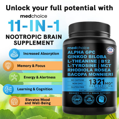 12-in-1 Nootropic Brain Supplement Anhydrous: Ginkgo Biloba for Brain Support, Memory and Focus - B12, Alpha GPC, L Theanine and Choline Supplements with Bioperine non Caffeinated 1321mg (120ct) MEDCHOICEBuy Supplements Australia
