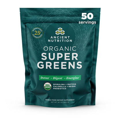 Ancient Nutrition Super Greens Powder, Organic Superfood Powder with Probiotics Made with Spirulina, Chlorella, Matcha, and Digestive Enzymes, 50 Servings, 14.1 oz Ancient NutritionBuy Supplements Australia