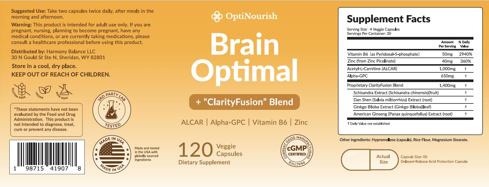 OPTINOURISH Brain Supplement for Memory and Focus, Nootropic for Adults, Fuel Brain Energy & Mental Clarity, Caffeine Free,Cognitive Support, Doctor-Formulated, Made in USA,cGMP,120 Caps OPTINOURISHBuy Supplements Australia