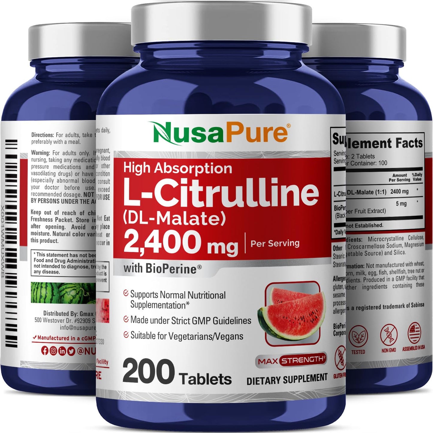 NusaPure L-Citrulline 2,400mg 200 Vegetarian Tablets (Non-GMO, Gluten Free, 100-Day Supply, Bioperine) NusaPureBuy Supplements Australia