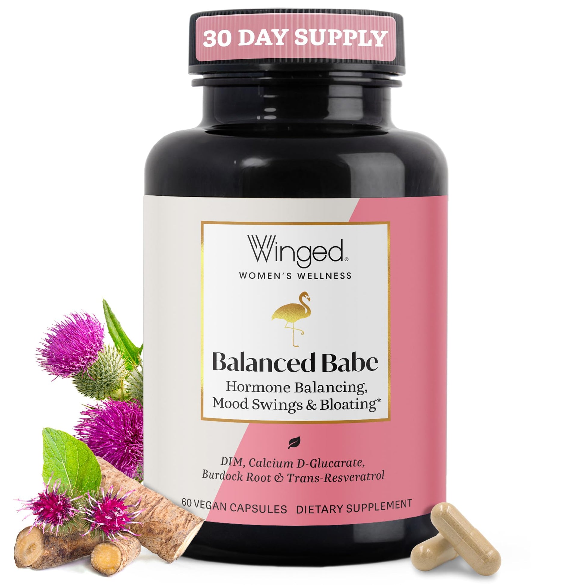 Winged Wellness Balance Babe, Hormone Balance & Estrogen Detox Supplement for Women - 100mg DIM & Calcium D-Glucarate & Milk Thistle for PMS Bloating, Cramps, Mood & Hormonal Acne Support, 60 Capsules Winged WellnessBuy Supplements Australia