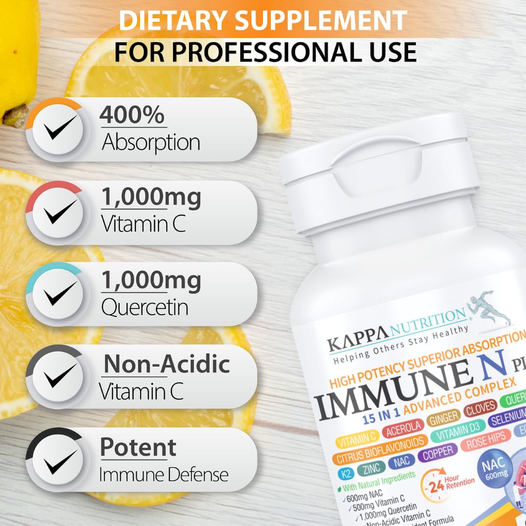 (90 Capsules), NAC 600mg, Quercetin 1,000mg, Vitamin C 500mg, Zinc 50mg, Vitamin D3 5,000iu, Selenium, Copper, Acerola, Ginger, Rutin, Citrus Bioflavonoids, Rose Hips, Echinacea, Immune N Plus 15 in 1 KAPPA NUTRITIONBuy Supplements Australia
