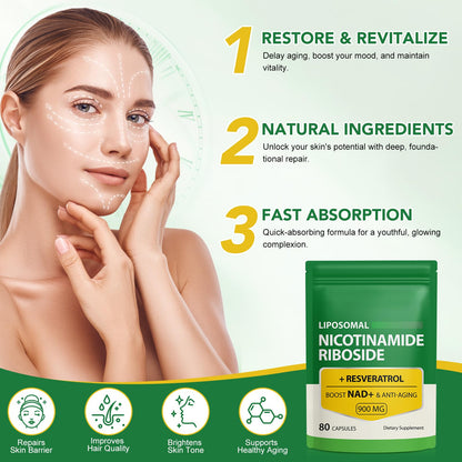 Daiasns NAD+ Supplement 900mg - Liposomal Nicotinamide Riboside & Resveratrol, Supports Muscle, Brain, Cellular Energy - NMN Supplement Alternative for Men and Women, 80 Capsules (Pack of 1) DaiasnsBuy Supplements Australia