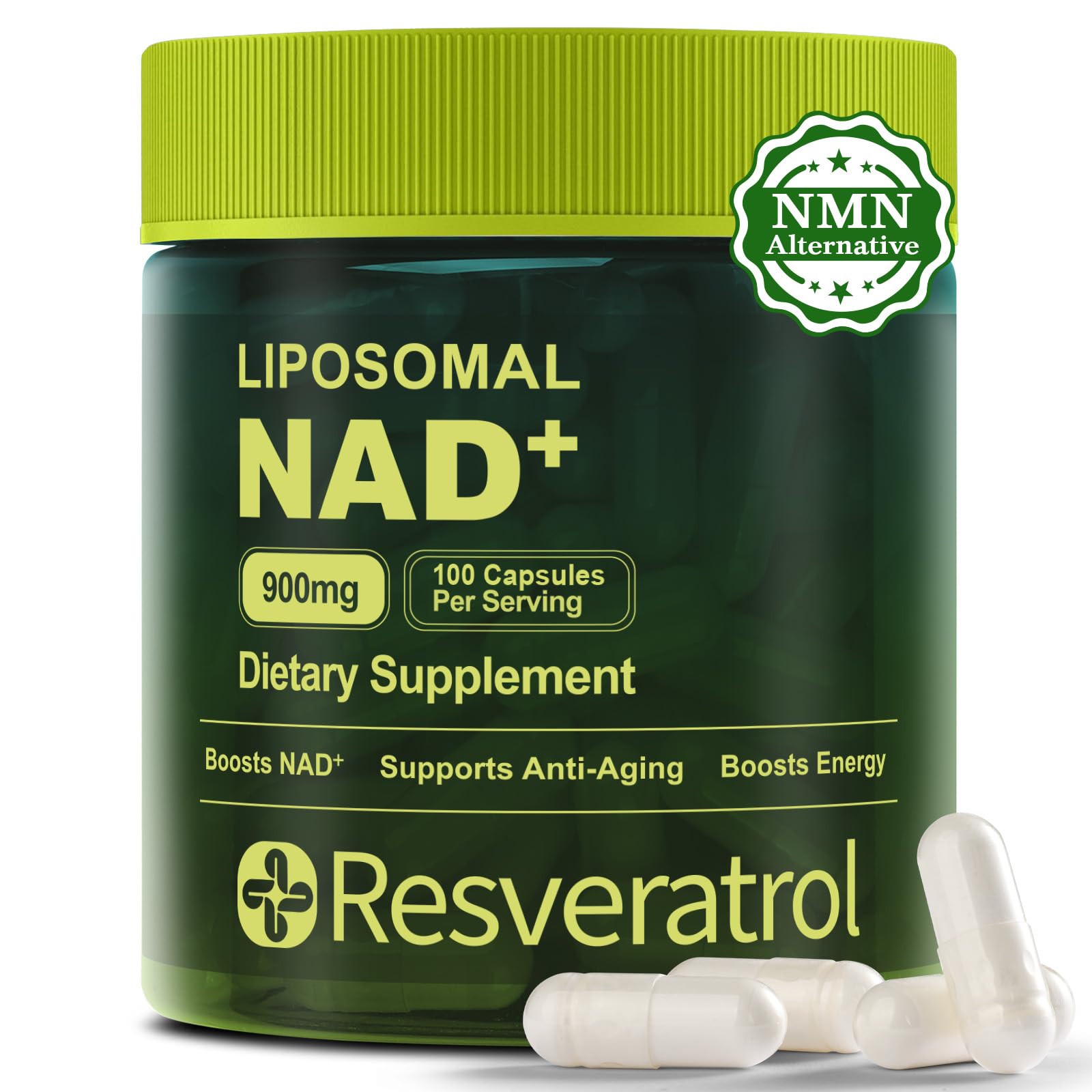 Green supplement container labeled 'LIPOSOMAL NAD+' with white capsules on a white background