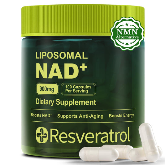 Green supplement container labeled 'LIPOSOMAL NAD+' with white capsules on a white background