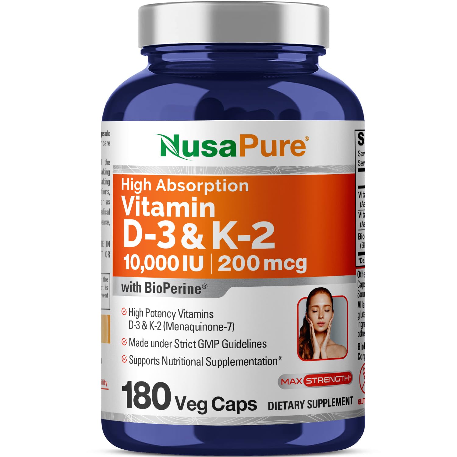 NusaPure Vitamin K2 (MK7) (200mcg) + Vitamin D3 (10000 IU) 180 Veg Caps - Bioperine, Soyfree, Non-GMO NusaPureBuy Supplements Australia