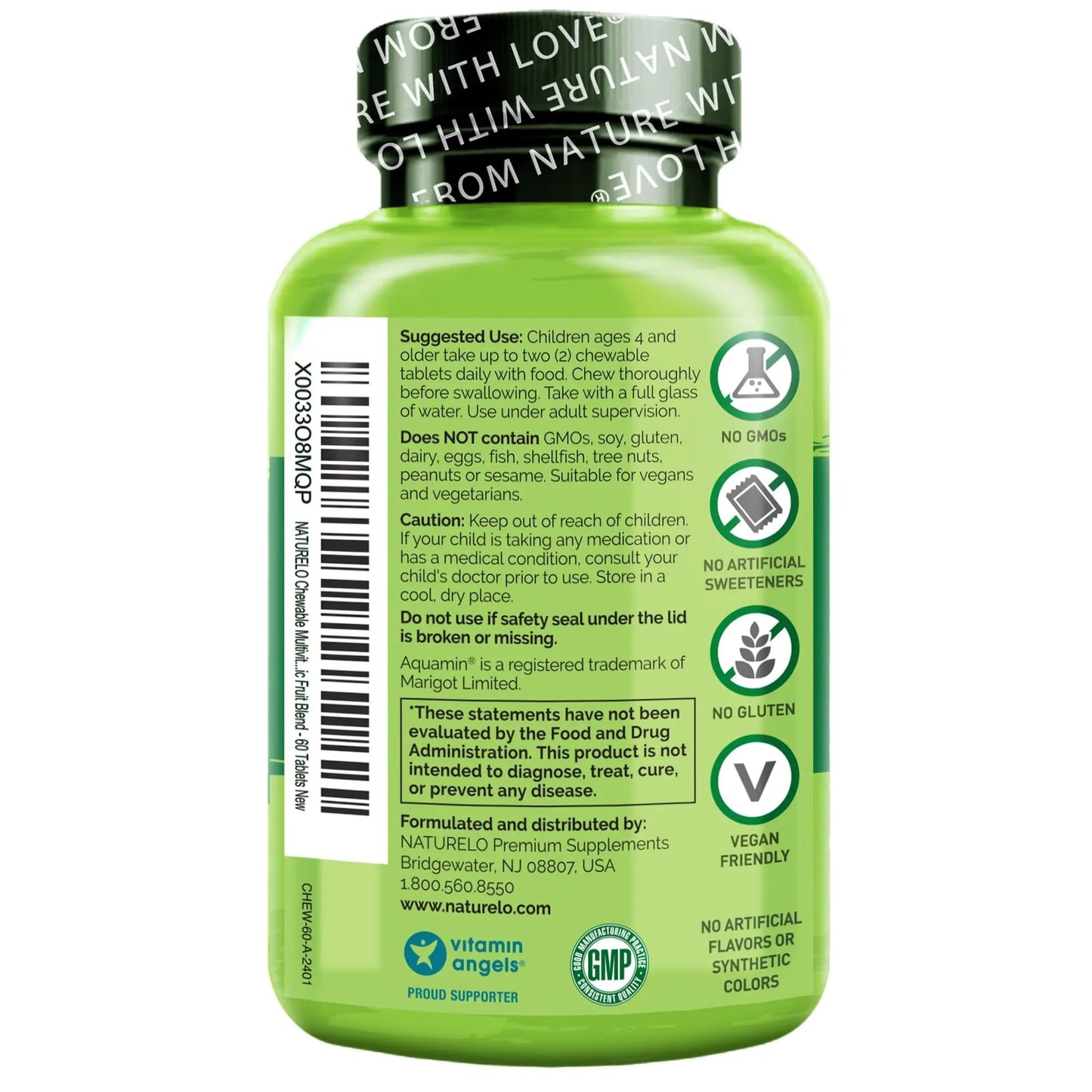 NATURELO Chewable Vitamin for Kids Multivitamin with Whole Food Organic Fruit Blend - 60 Tablets for Children NATURELO