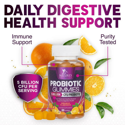 Probiotics for Digestive Health Gummies 5 Billion CFU - 6 Unique Strains for Daily Immune Support & Gut Health, Constipation, Gas & Bloating - Best Probiotic Supplement for Women & Men - 60 Gummies Nature's NutritionBuy Supplements Australia