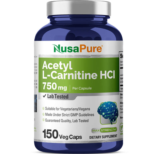 NusaPure Acetyl L-Carnitine 750mg per Caps 150 Veggie Capsules (Non-GMO, Vegan) High Potency Acetyl L Carnitine HCL (ALCAR) NusaPureBuy Supplements Australia