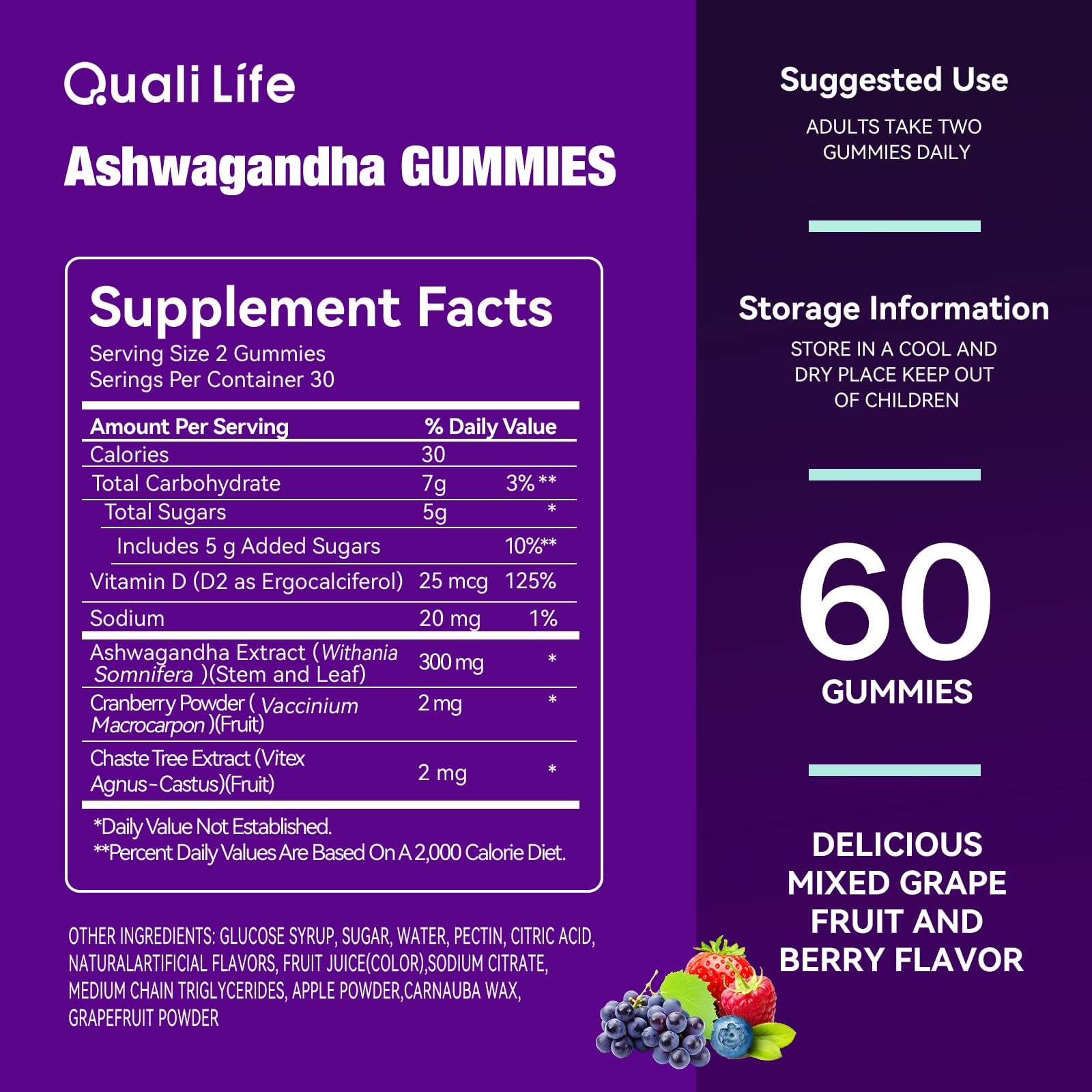 QualiLife Ashwagandha Gummies for Relax & Cortisol Support – High Strength Root Extract with Cranberry & Chaste Tree, Grapefruit & Berry Flavour – Vegan, Non-GMO, Gluten-Free – 60 Gummies (30 Days) QualiLifeBuy Supplements Australia