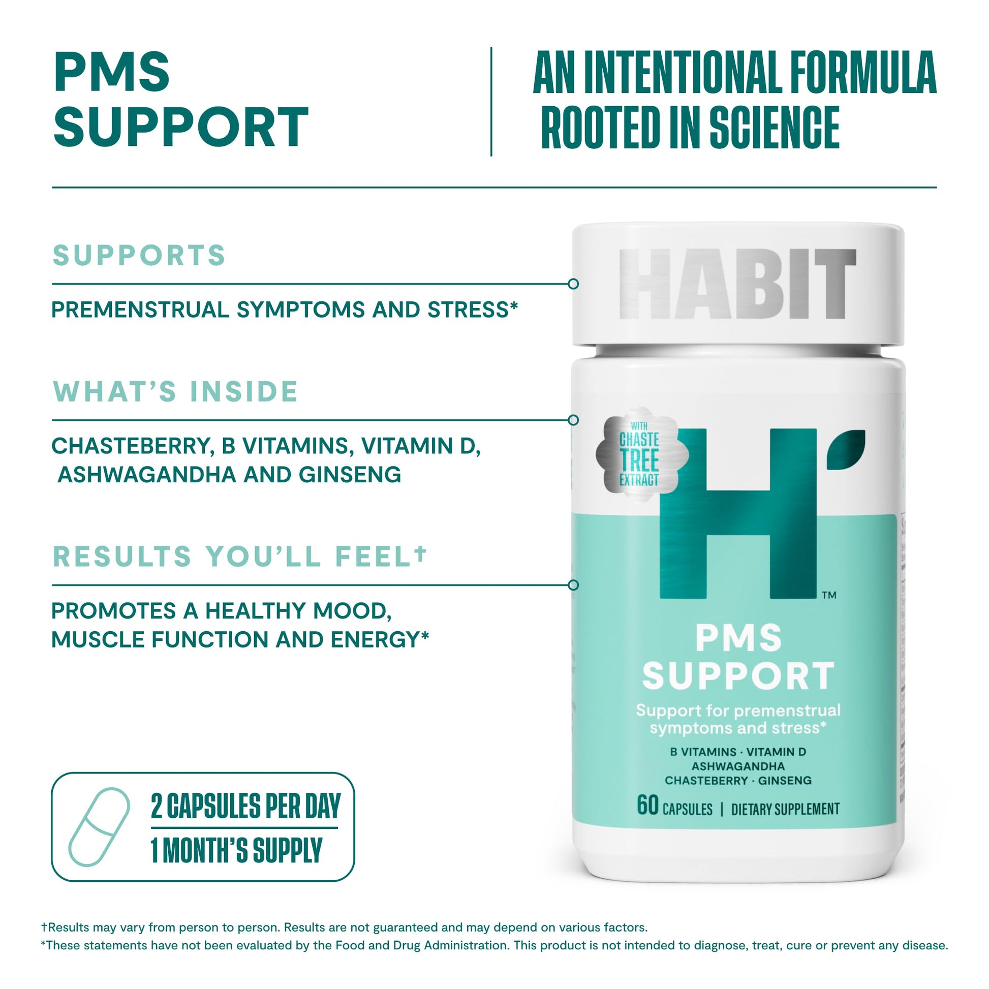 Habit PMS Support Supplement for Women (60 Capsules) - Supports Premenstrual Symptoms & Stress, Hormone Balance, Mood, B Vitamins, Vitamin D, Chasteberry, Ashwagandha, Gluten-Free, Non-GMO (1 Pack) H' HabitBuy Supplements Australia