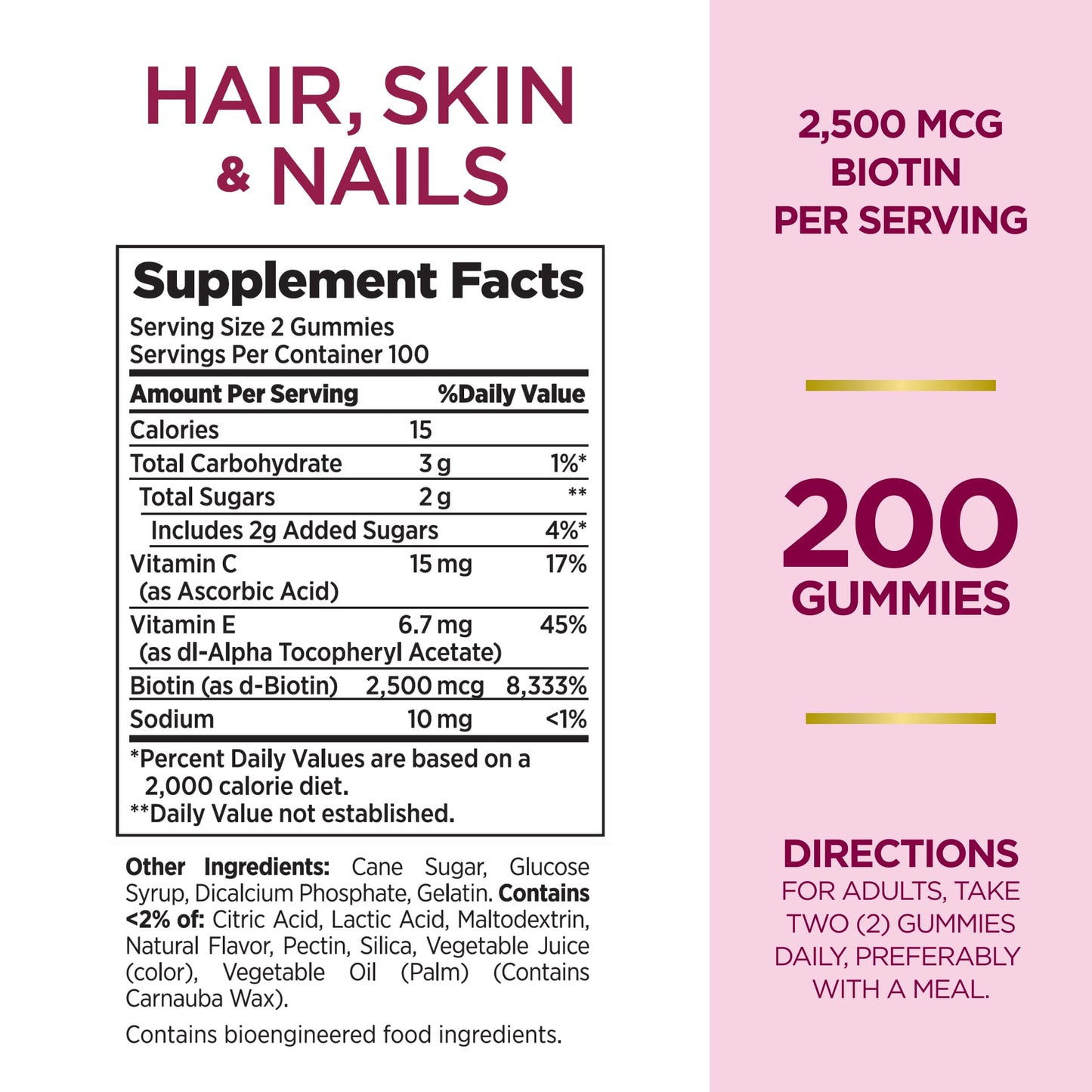 Nature's Bounty Optimal Solutions Hair, Skin and Nails Gummies with Biotin, 2500 mcg, Strawberry Flavored, 200 Count, 100 Total Servings Nature's BountyBuy Supplements Australia
