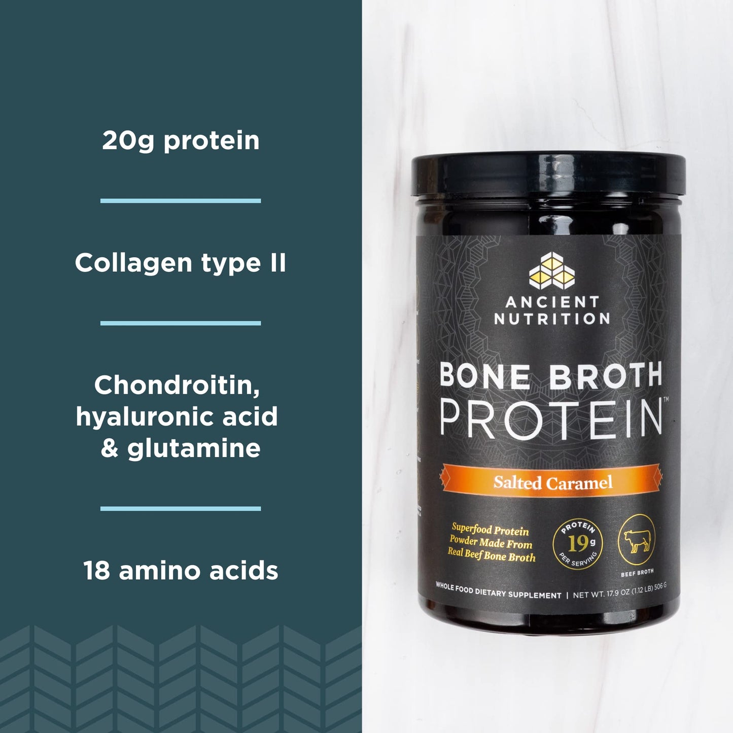 Ancient Nutrition Bone Broth Protein Powder, Salted Caramel, 19g Protein per Serving Ancient NutritionBuy Supplements Australia