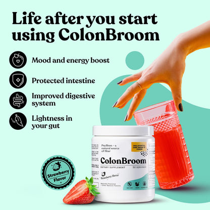 ColonBroom Psyllium Husk Powder (Strawberry) - Colon Cleanse for Bloating Relief & Gut Health - Colon Broom Fiber Powder Drink - Vegan, Gluten Free, Non-GMO Fiber Powder Supplement, 50 Servings ColonBroomBuy Supplements Australia
