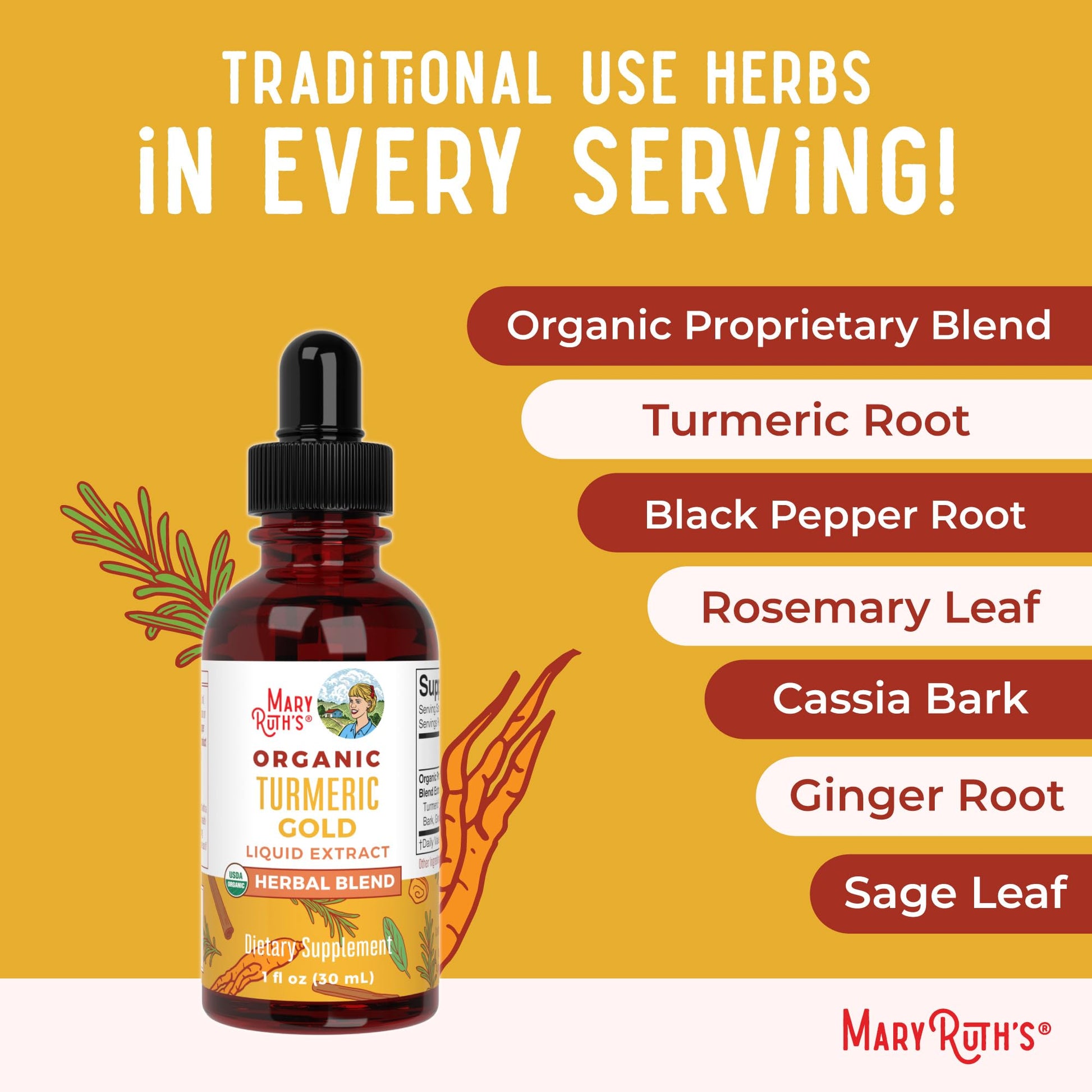 MaryRuth Organics USDA Turmeric Gold Liquid Drops | Herbal Blend | Turmeric Curcumin | Black Pepper | Cassia Cinnamon Bark | Ginger Root | Immune Support | Non-GMO Project Verified | Vegan | 1oz MARYRUTH'SBuy Supplements Australia