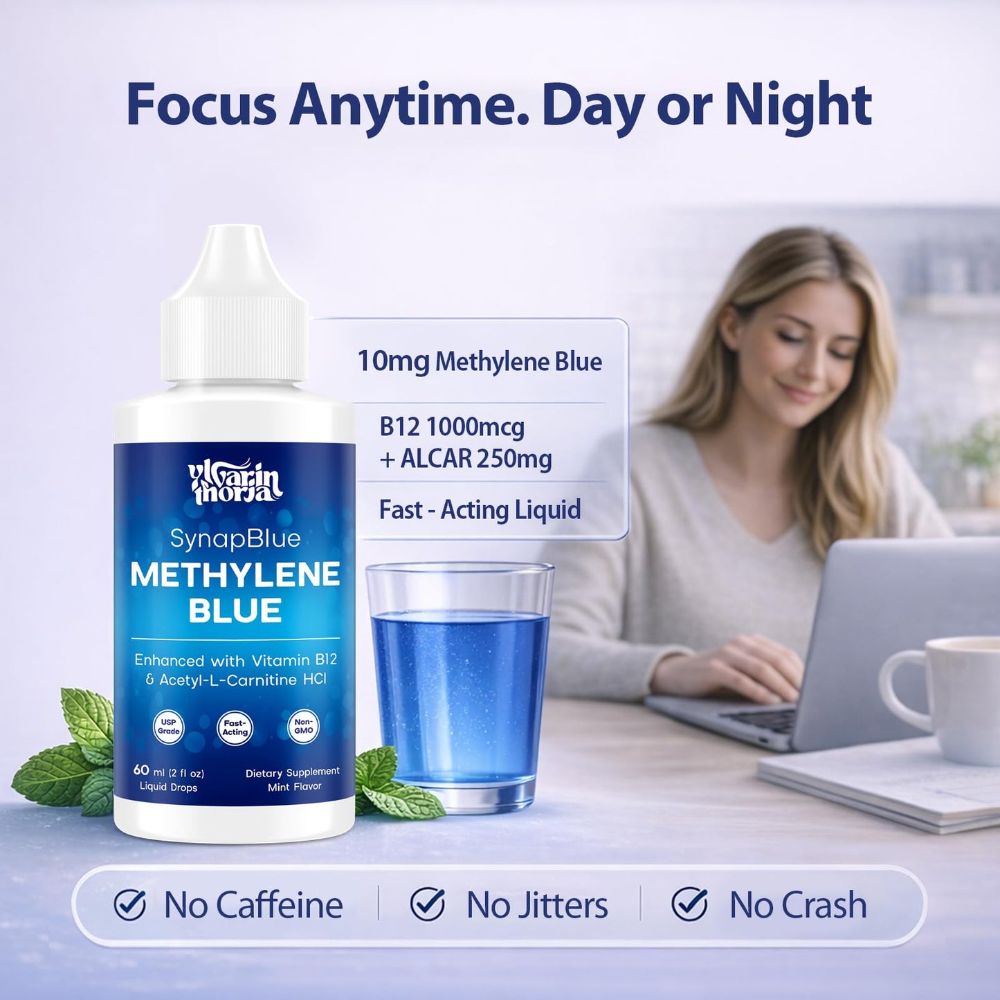 Methylene Blue Drops for Humans, 1% USP Grade – Dropper-Free No-Touch Bottle, Brain Supplement for Memory and Focus – Fast-Acting Nootropic with Methyl B12 & ALCAR – Caffeine-Free, Mint Flavor, 2oz YLVARIN THORIABuy Supplements Australia