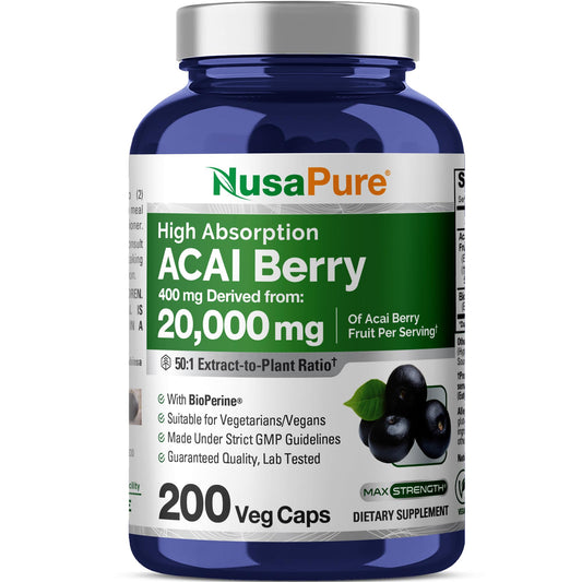 NusaPure Acai Berry 50:1 Extract - Suitable for Vegetarian/Vegan, Non - GMO - 20000 mg - 200 Capsules NusaPureBuy Supplements Australia