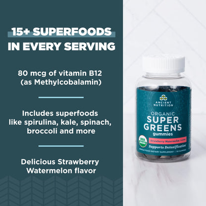Ancient Nutrition Supergreens Gummy, Organic Superfood Gummy Made from Real Fruits, Vegetables and Herbs, for Digestive and Energy Support, 100 Count, Strawberry Watermelon Ancient NutritionBuy Supplements Australia