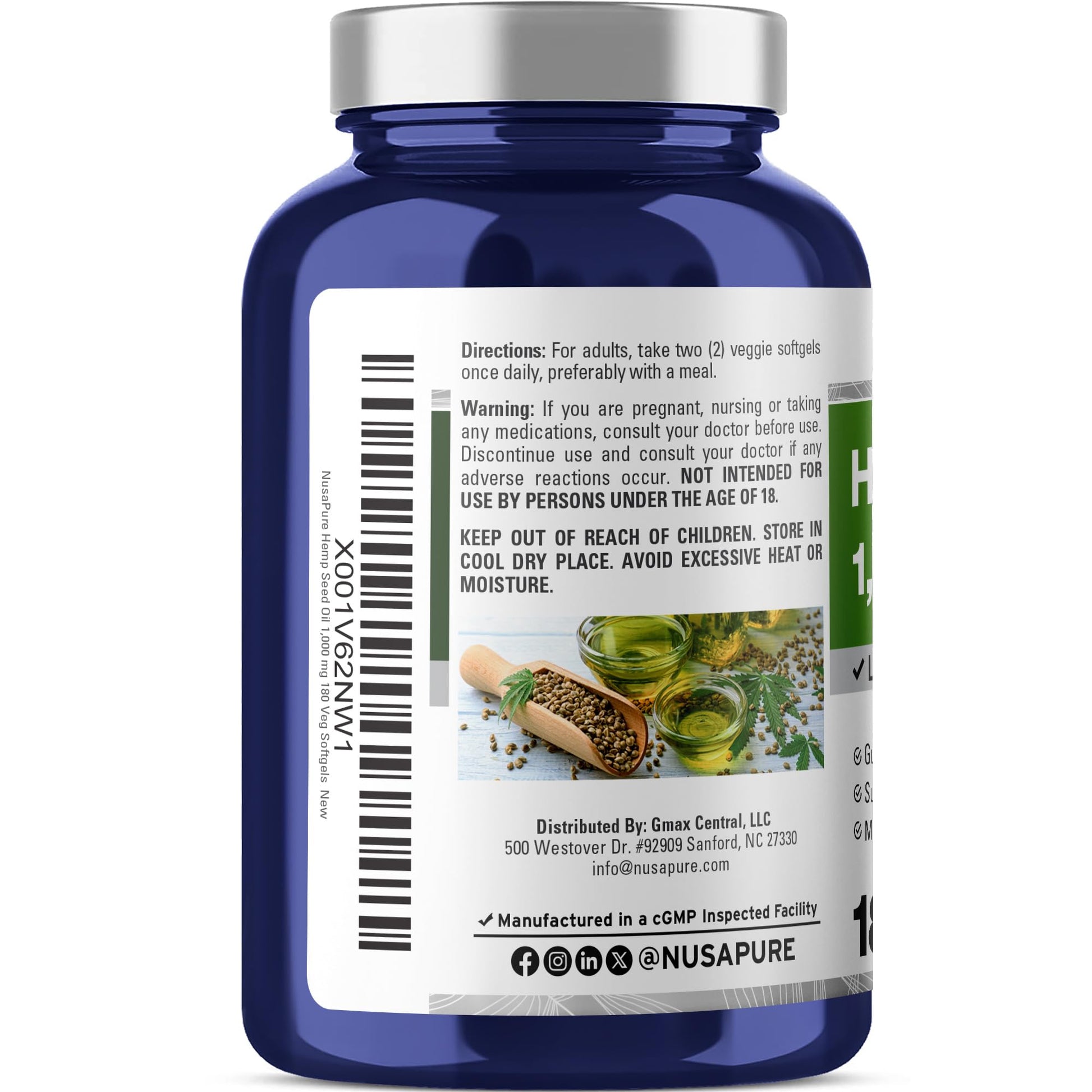 NusaPure Hemp Oil 1,000mg Per Serving, 180 Veggie Softgels, Non-GMO, Vegan NusaPureBuy Supplements Australia