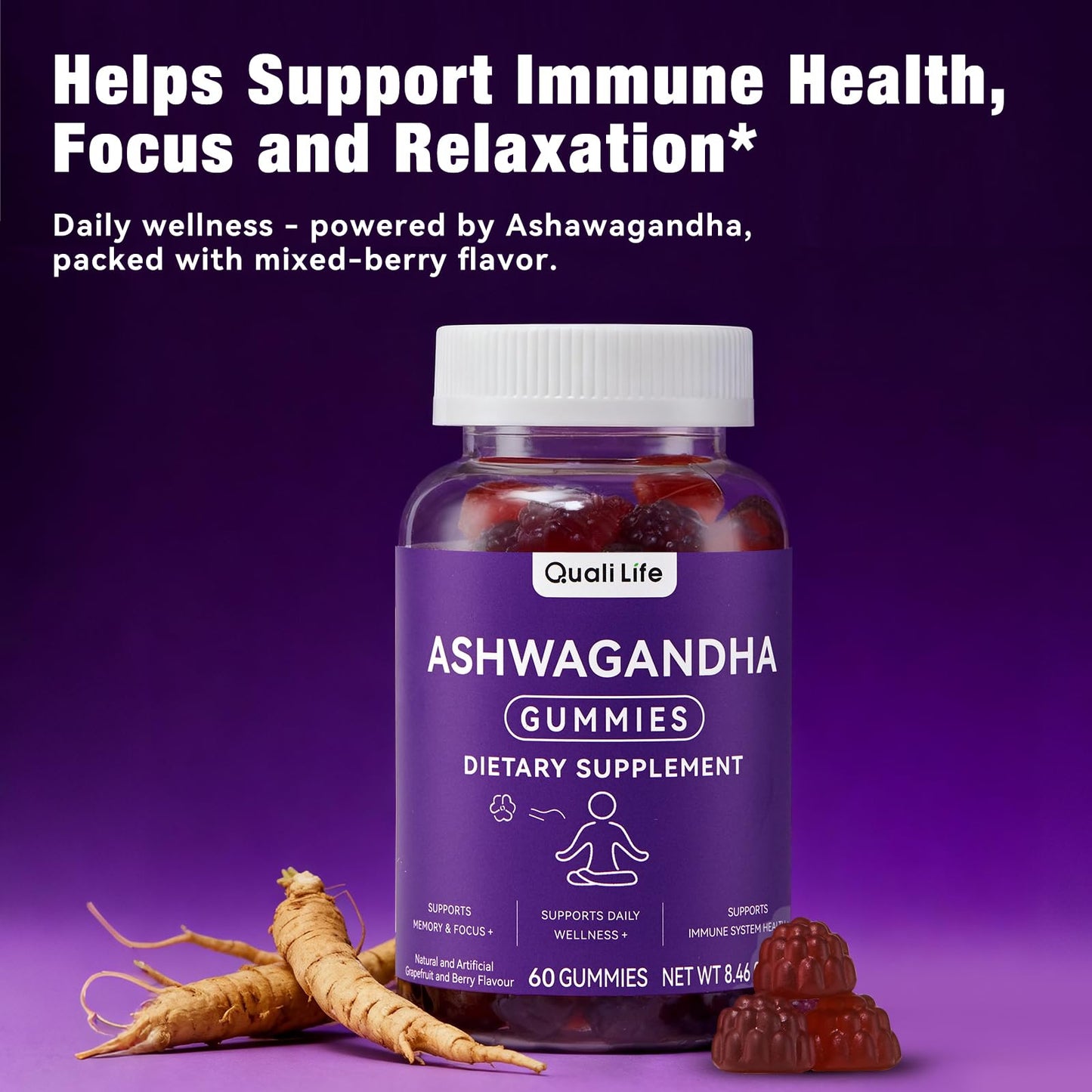 QualiLife Ashwagandha Gummies for Relax & Cortisol Support – High Strength Root Extract with Cranberry & Chaste Tree, Grapefruit & Berry Flavour – Vegan, Non-GMO, Gluten-Free – 60 Gummies (30 Days) QualiLifeBuy Supplements Australia