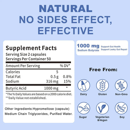 Sodium Butyrate Supplement – Postbiotic for Gut Health, Supports Digestion, IBS, Leaky Gut & Stomach Comfort – Low Odor, Easy to Swallow, No Side Effects – 100 Vegan Capsules QUBITBuy Supplements Australia