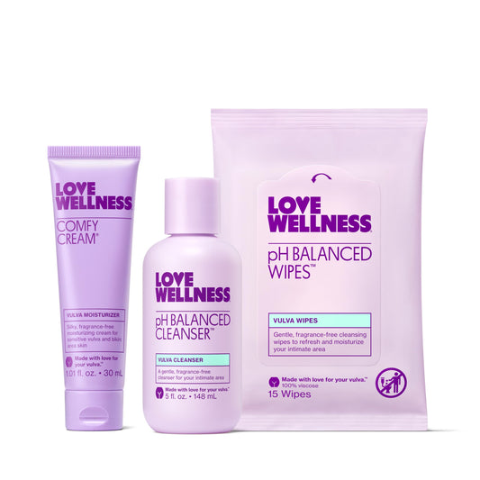 Love Wellness Skincare for Down There Bundle | Gentle pH Balancing Cleanser, Moisturizing Comfy Cream & Refreshing Wipes | Feminine Care for pH Balance, Dry & Sensitive Vulva | Fragrance-Free Love WellnessBuy Supplements Australia