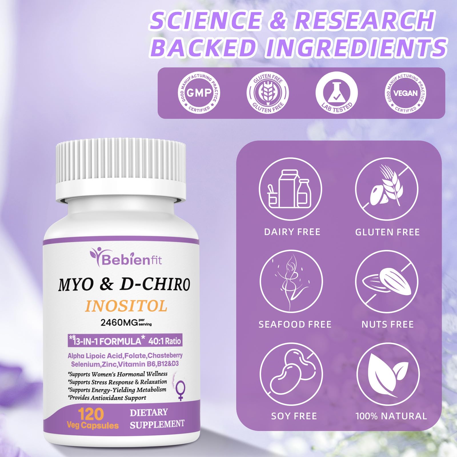 13-in-1 Myo Inositol & D-Chiro Inositol for Women PCOS,Hormonal Balance,2460mg-40:1 Ratio,Ovarian Health&Cycle Support Supplement Plus Alpha Lipoic Acid/Folate/Vitex/Magnesium/Multivitamin,120 Veg Cap Bebien fitBuy Supplements Australia