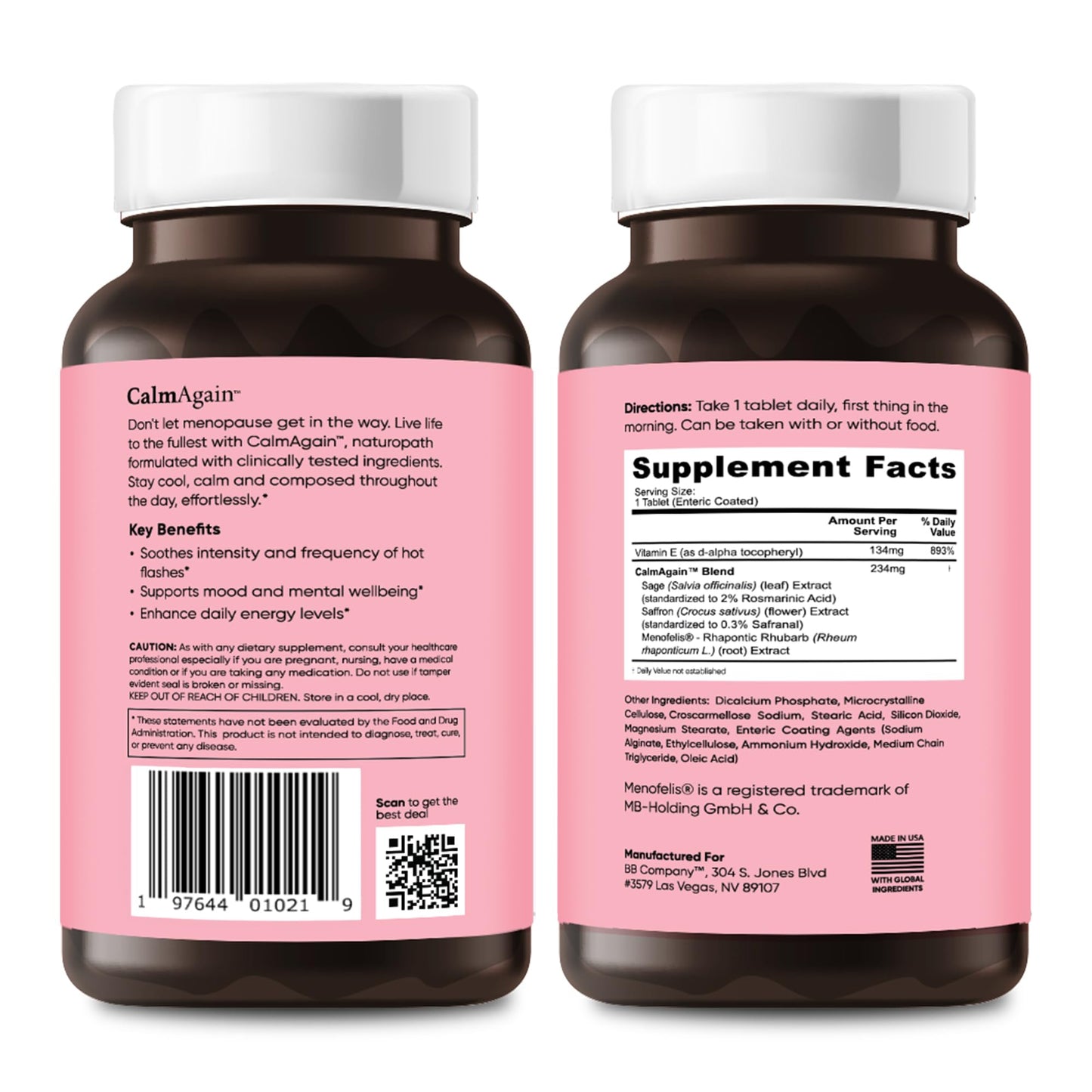 BB Company CalmAgain for Menopause Anxiousness, Mood Balance for Women | Stay Calm, Lower Cortisol, Fewer Mood Swings | Siberian Rhubarb