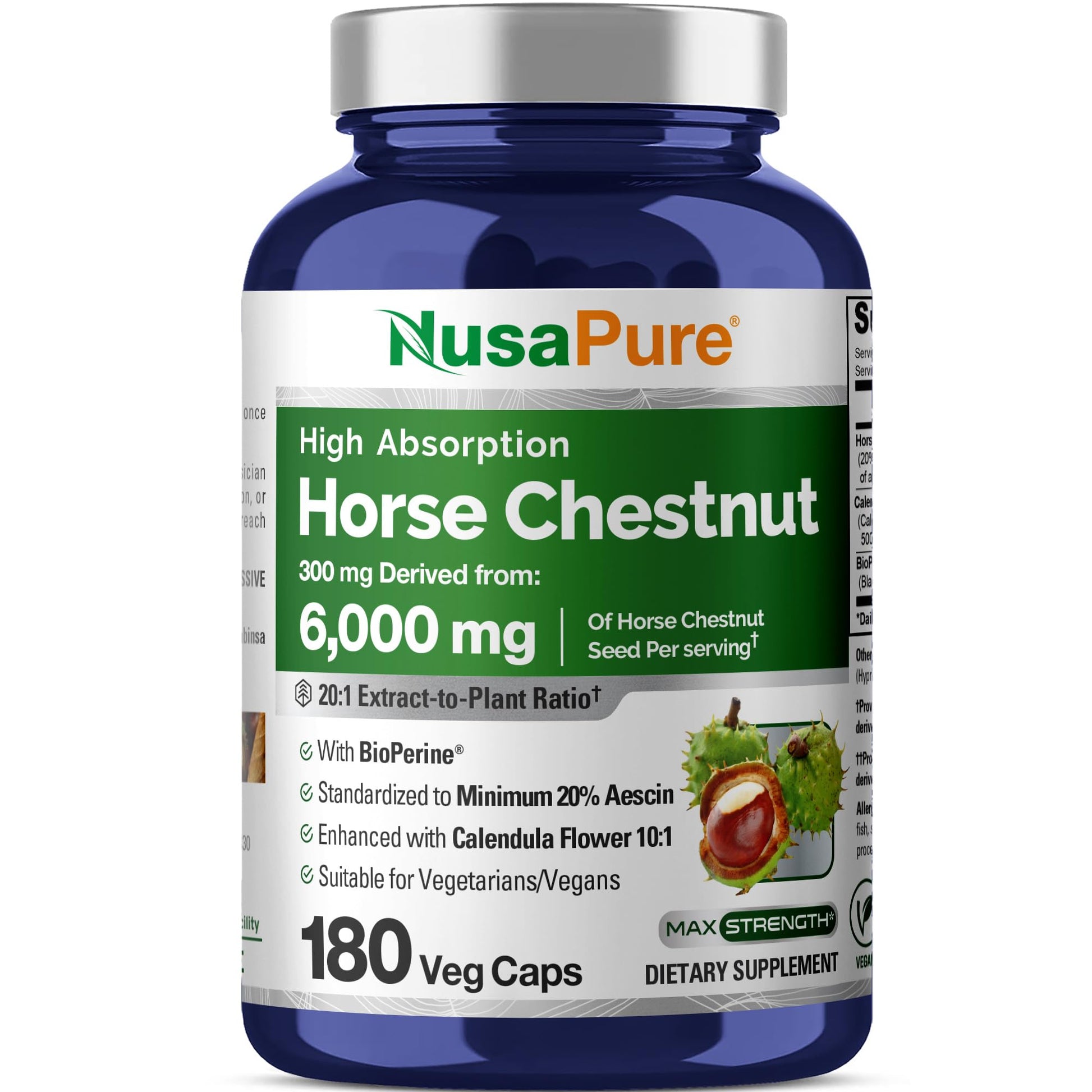 NusaPure Horse Chestnut 20:1 Extract, 300 mg Equivalent to 6,000mg 180 Veggie Caps Non-GMO, Vegan, BioPerine, Calendula Flower NusaPureBuy Supplements Australia