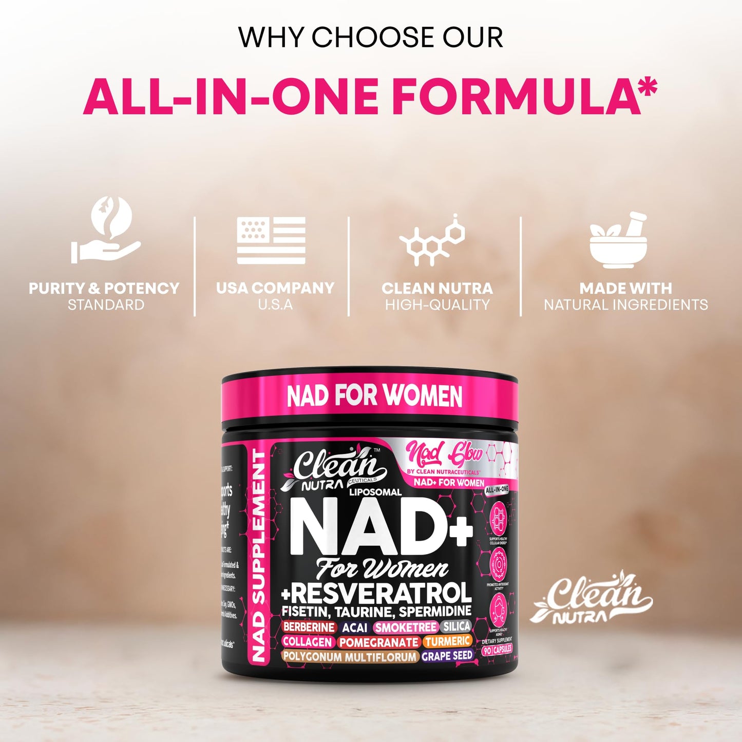 NAD+ Resveratrol Supplement for Women NAD Turmeric Vitamin C Acai Pomegranate Collagen Peptides Nicotinamide Riboside Fisetin Vitamin E Polygonum Multiflorum Berberine 90 Capsules by Clean Nutra Clean NutraceuticalsBuy Supplements Australia