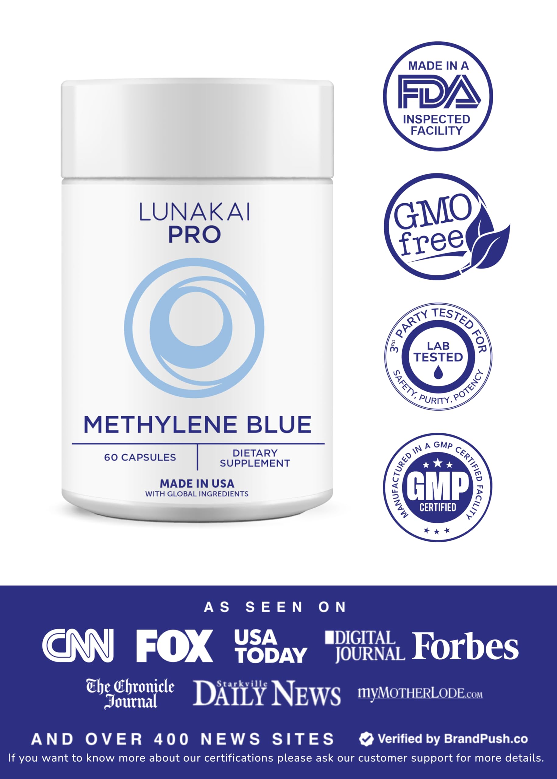 Lunakai PRO USA Made Methylene Blue Capsules Pharmaceutical Grade with Vitamin C, B6, B12 – 3rd-Party Tested Daily Brain & Focus Support Supplement for Humans, 60ct Lunakai buy supplements Au