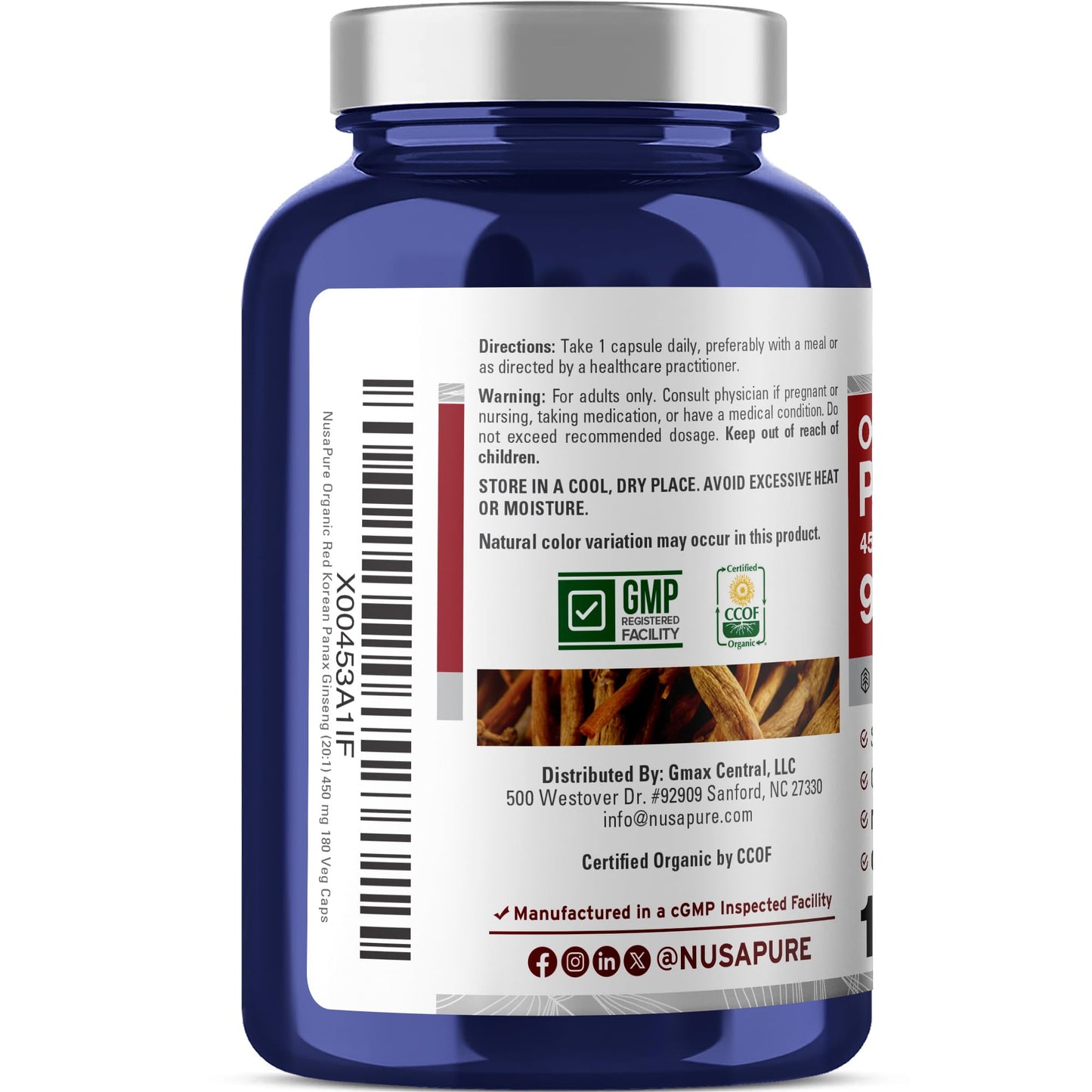 NusaPure Red Korean Panax Ginseng 20:1 Extract, 450 mg Equivalent to 9,000 mg 180 Veggie Caps (USDA Organic, Non-GMO, Vegan, Vegetarian, Bioperine) NusaPureBuy Supplements Australia