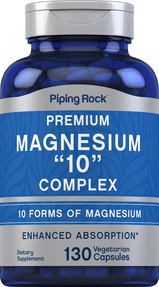 Blue supplement bottle labeled 'Premium Magnesium 10 Complex' by Piping Rock on a white background.