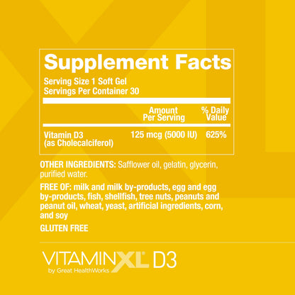 OmegaXL VitaminXL D3 High Potency Daily Vitamin D 5000 IU 125mcg Immune Support Supplement - Promotes Healthy Muscle Function & Strong Bones - Non-GMO, Gluten-Free - 30 Softgels OmegaXLBuy Supplements Australia