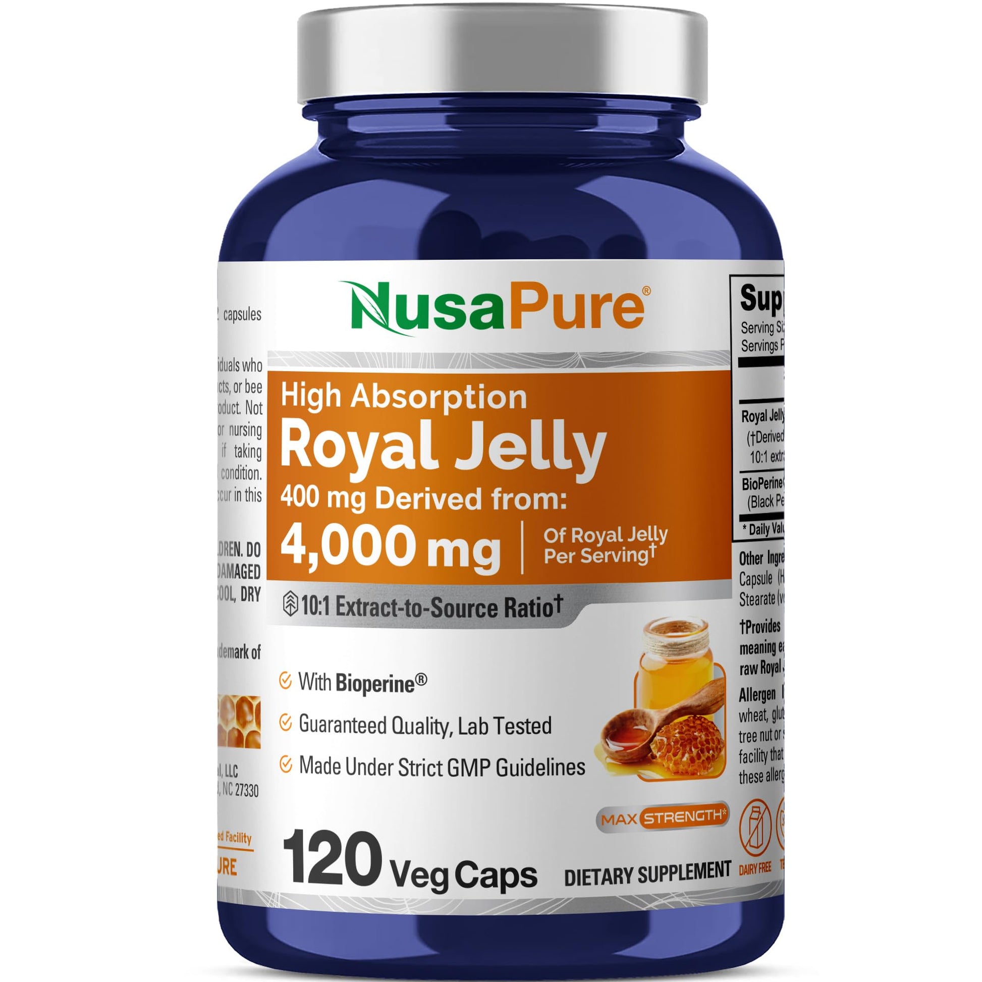 NusaPure Royal Jelly 10:1 Extract, 400 mg Equivalent to 4000mg - 120 Veggie Capsules (Non-GMO, Dairy Free, Dietary Supplement) NusaPureBuy Supplements Australia