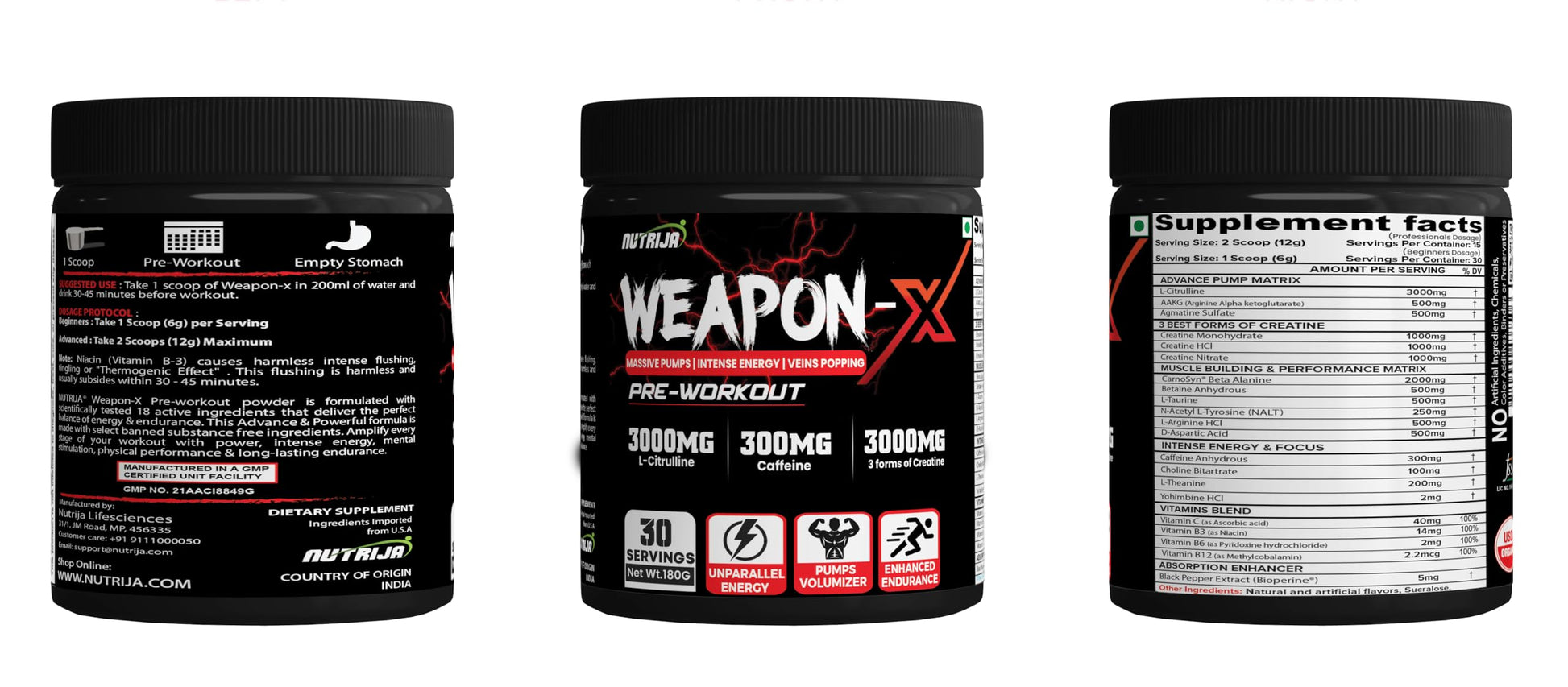 NutriJa Weapon-X Pre-Workout Powder with 21 Active Ingredients - 3 Best Forms of Creatine, AAKG, Beta-Alanine, Caffeinated | Pumps, Viens Popping, Energy, Focus & Strength (30 Servings (Mango))