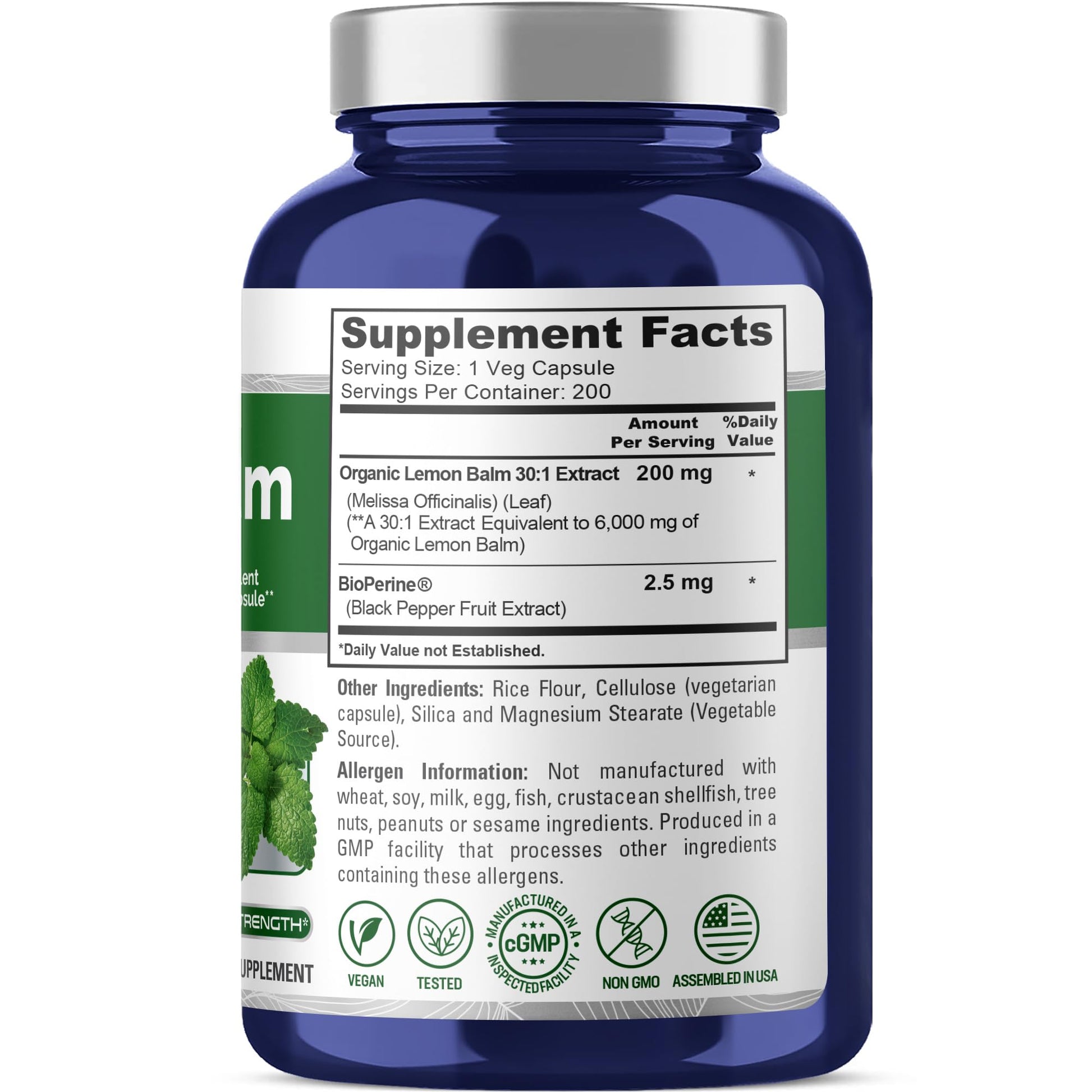 NusaPure Lemon Balm 30:1 Extract, 200 mg Equivalent to 6000mg Per Vegan Caps - 200 Count Non-GMO, Vegan Bioperine NusaPureBuy Supplements Australia
