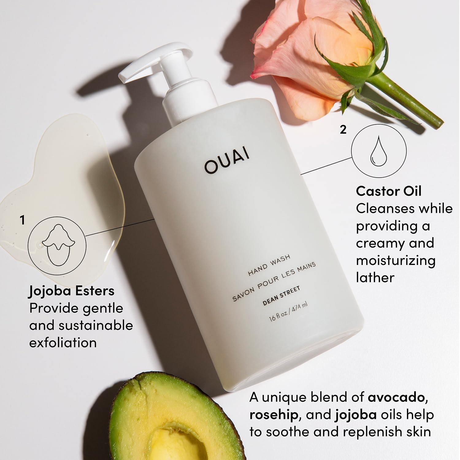 OUAI Hand Wash, Dean Street - Liquid Hand Soap with Jojoba, Avocado, & Rose Hip Oil for Replenished Skin - Gentle Exfoliating Kitchen & Bathroom Soap (16 Fl Oz) OUAIBuy Supplements Australia