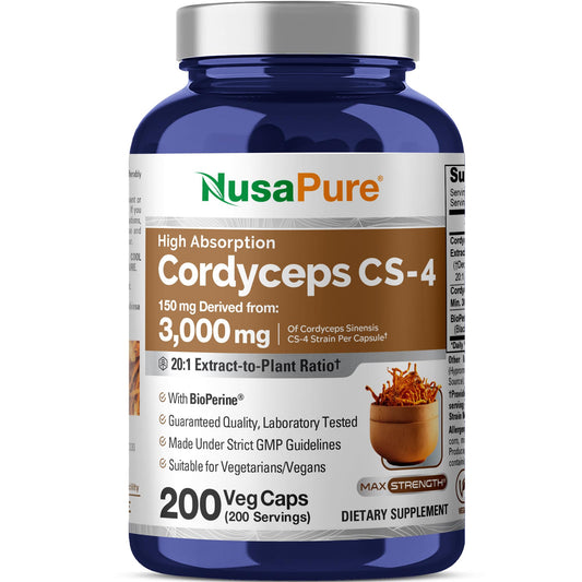 NusaPure Cordyceps 20:1 Extract, 150 mg Equivalent to 3,000mg 200 Veggie Capsules (Sinensis CS-4, Non-GMO, Vegan) Bioperine NusaPureBuy Supplements Australia